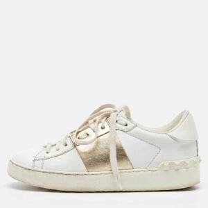 Valentino White/Gold Leather Rockstud Low Top Sneakers Size 35.5