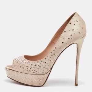 Valentino Beige Crystal Embellished Satin Peep Toe Platform Pumps Size 40