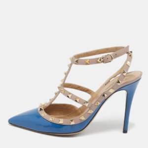 Valentino Blue/Beige Patent and Leather Caged Rockstud  Ankle Strap Pumps Size 39
