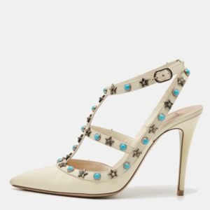 Valentino White Patent and Leather Rockstud Ankle Strap Pumps Size 37