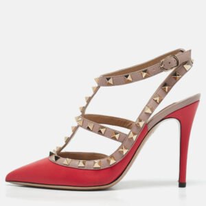 Valentino Red/Beige Leather Rockstud Caged Pumps Size 36.5