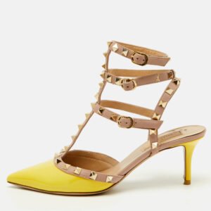 Valentino Yellow/Beige Patent Leather Rockstud Ankle Strap Pumps Size 39