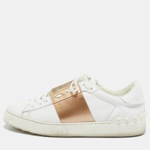 Valentino White/Gold Leather Rockstud Low Top Sneakers Size 38.5