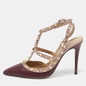 Valentino Burgundy/Beige Leather Rockstud Ankle Strap Pumps Size 38