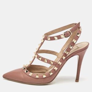 Valentino  Dusty Pink Leather Rockstud Ankle Strap Pumps Size 37