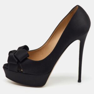 Valentino Black Satin Couture Bow Peep Toe Platform Pumps Size 38.5