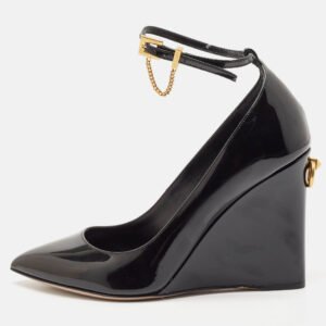 Valentino Black Patent Leather Ankle Strap Wedge Pumps 36