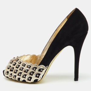 luxury-women-valentino-used-shoes-p1138396-003 Valentino Black/Gold Suede Crystal Embellished Peep Toe Platform Pumps Size 37.5