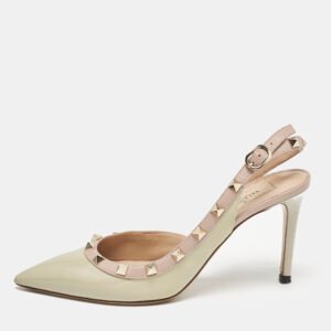 luxury-women-valentino-used-shoes-p1140704-003 Valentino Dusty Pink/Green Patent and Leather Rockstud D'orsay Slingback Pumps Size 37