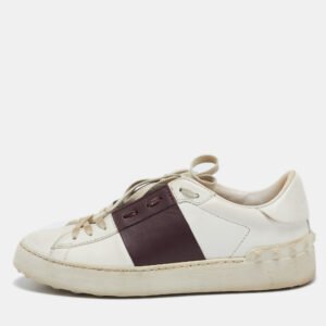 Valentino White and Burgundy Leather Open Low Top Sneakers Size 37