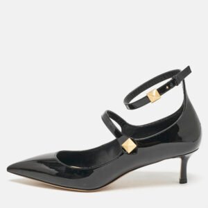 luxury-women-valentino-used-shoes-p1145531-010 Valentino Black Patent Leather Rockstud Ankle Strap Pointed Toe Pumps Size 40