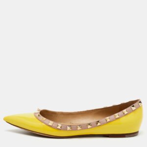 valentino yellow/beige patent leather rockstud pointed toe ballet flats size 37