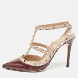 Valentino Burgundy/Beige Patent Leather and Leather Rockstud Caged Ankle Strap Pumps Size 38
