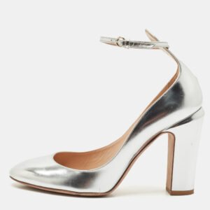Valentino Silver Leather Tango Ankle Strap Block Heel Pumps Size 40