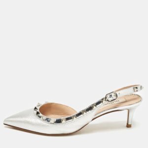 Valentino Silver Patent Leather Rockstud Slingback Pumps Size 36