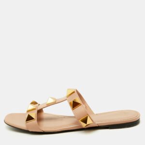 Valentino Beige Leather Roman Stud Flat Slide Sandals Size 39.5