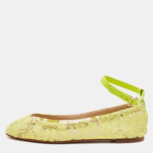 Valentino Neon Yellow Lace and Leather Ankle Strap Ballet Flats Size 39
