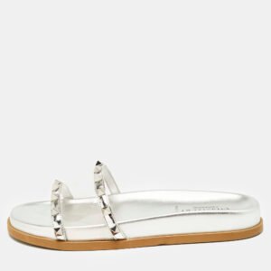 Valentino Silver Leather And PVC Rockstud Flat Slides Size 37