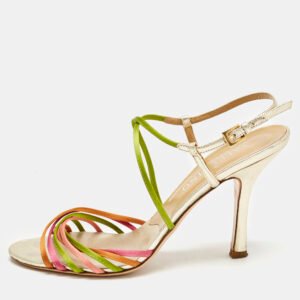 Valentino Multicolor Leather and Satin Strappy Ankle Strap Sandals Size 38.5