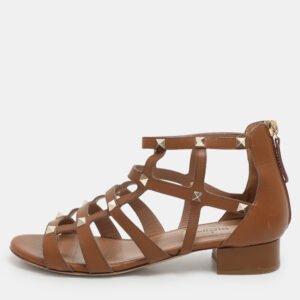 Valentino Brown Leather Rockstud Gladiator Flat Sandals Size 36