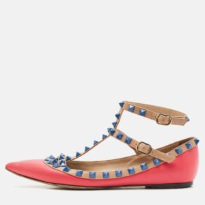 valentino pink/beige leather rockstud ankle strap ballet flats size 37