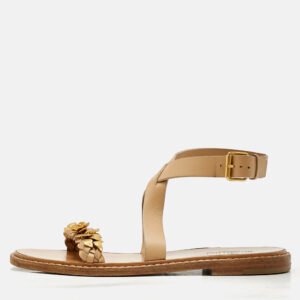 Valentino Beige Leather Metal Floral Embellished Flat Sandals Size 39