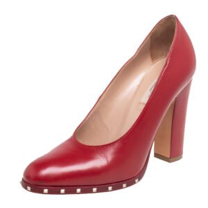 Valentino Red Leather Soul Rockstud Block Heel Pumps Size 37.5