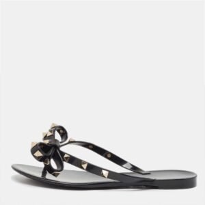 Valentino Black Rubber Bow Rockstud Thong Flats Size 35