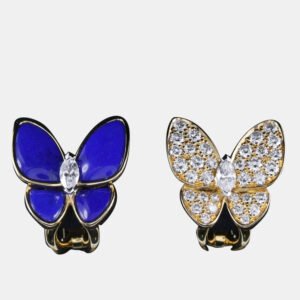 Van Cleef & Arpels 18K Yellow Gold, Diamond and Lapis Lazuli Two Butterfly Stud Earrings