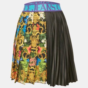 Versace Jeans Couture Black Printed Satin Plisse Mini Skirt S