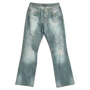 Versace Jeans Couture Blue Embellished Denim Flared Leg Distressed Jeans L