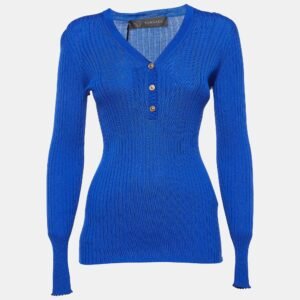Versace Blue Rib Knit Wool Full Sleeves Button Detail Sweater M
