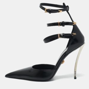 versace black brushed leather pin-point ankle strap pumps size 39