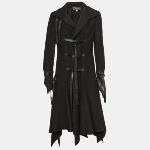 versace black wool leather strap detail flared coat m