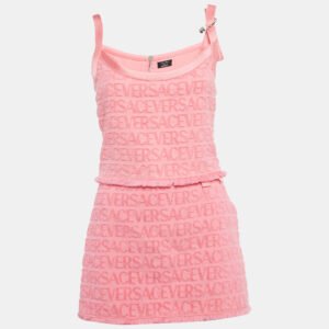 Versace x Dua Lipa Pink Monogram Terry Pin Embellished Skirt and Top Set S