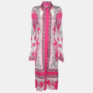 versace pink/silver satin baroque cutout midi shirt dress s