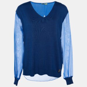 Versace Blue Knit & Chiffon Paneled V-Neck Jumper XXS