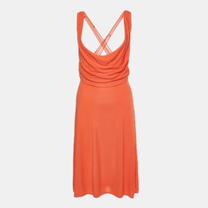 Versace Orange Crepe Lace Up Detail Midi Dress L