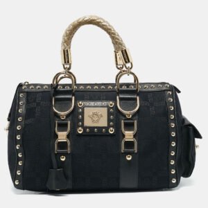 Versace Black/Gold Signature Fabric and Leather Studded Snap Out Of It Satchel