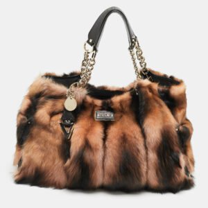 Versace Peach/Choco Brown Fur and Leather Charm Chain Tote