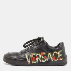 Versace Black Leather Floral Logo Low Top Sneakers Size 39