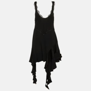 Victoria Beckham Black Lace Trim Sateen Dropped Ruffle Mini Dress L