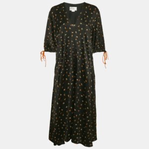 Victoria Victoria Beckham Black Floral Print Textured Crepe Midi Dress L
