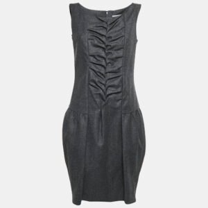 Yves Saint Laurent Dark Grey Wool Smock Detail Sleeveless Mini Dress M