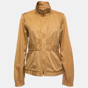 Yves Saint Laurent Tan Brown Cotton Ruffled Zip-Up Jacket L