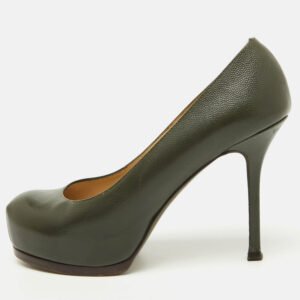 Yves Saint Laurent Olive Green Leather Tribtoo Platform Pumps Size 36.5