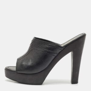 Yves Saint Laurent Black Leather Wooden Platform Mules Size 38.5