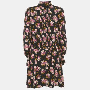 Zadig & Voltaire Black Floral Print Silk Pleated Rabbi Peonies Show Short Dress L