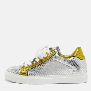 Zadig & Voltaire Silver/Gold Snakeskin Embossed Leather Lace Up Sneakers Size 36