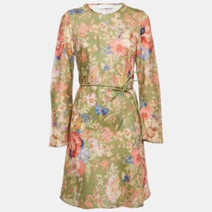 Zimmermann Green Floral Print Linen August Bias Mini Dress L